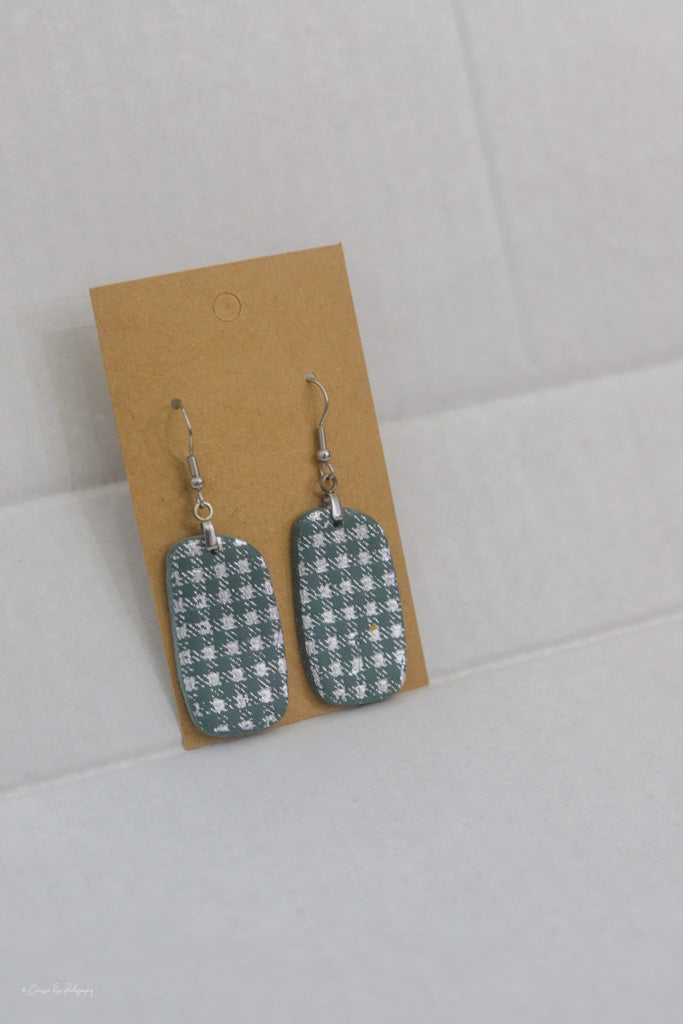 Silver and Green Plaid Dangle Earring