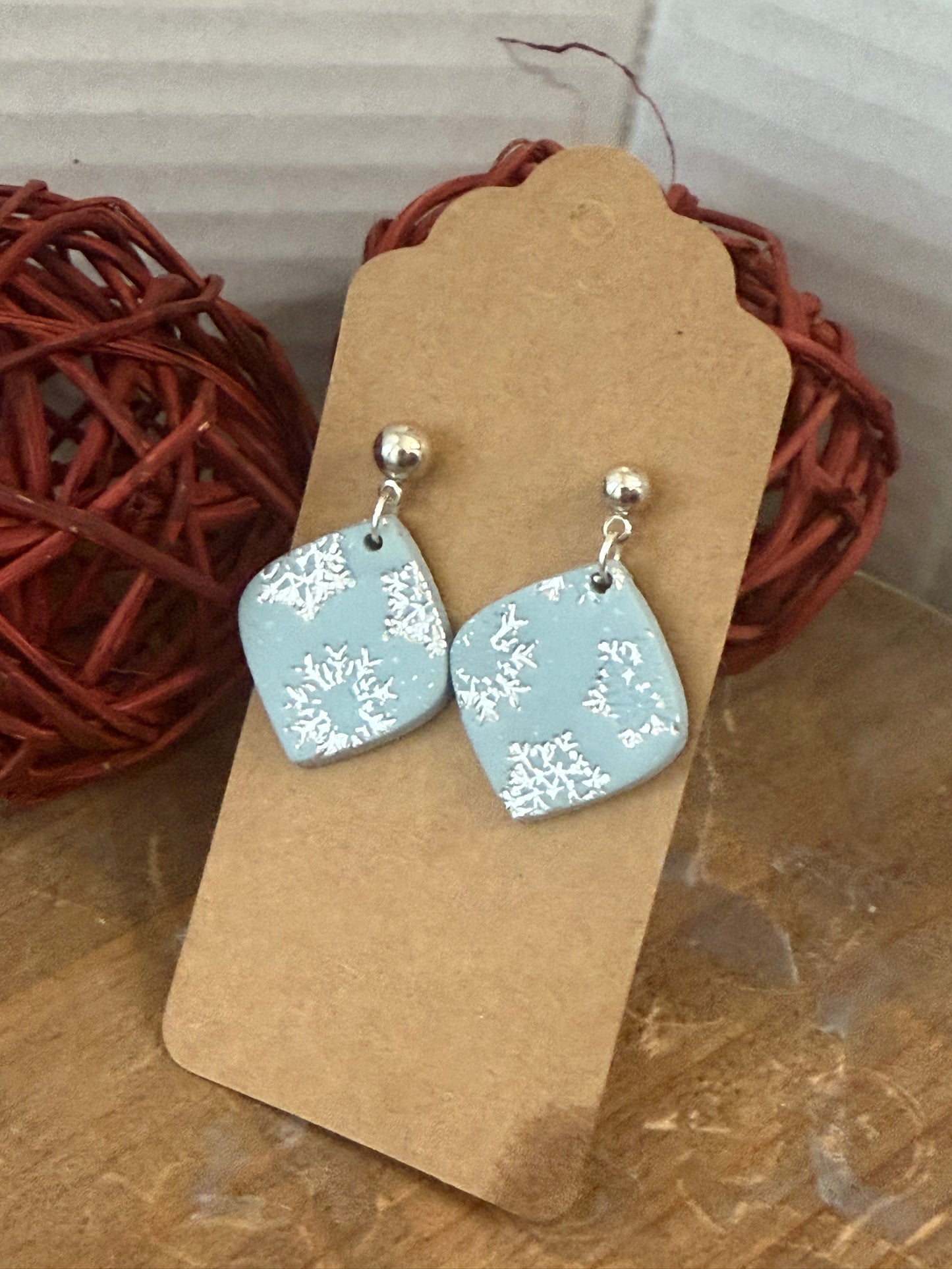Snowflake Stamped Blue Silver Dangle Earring
