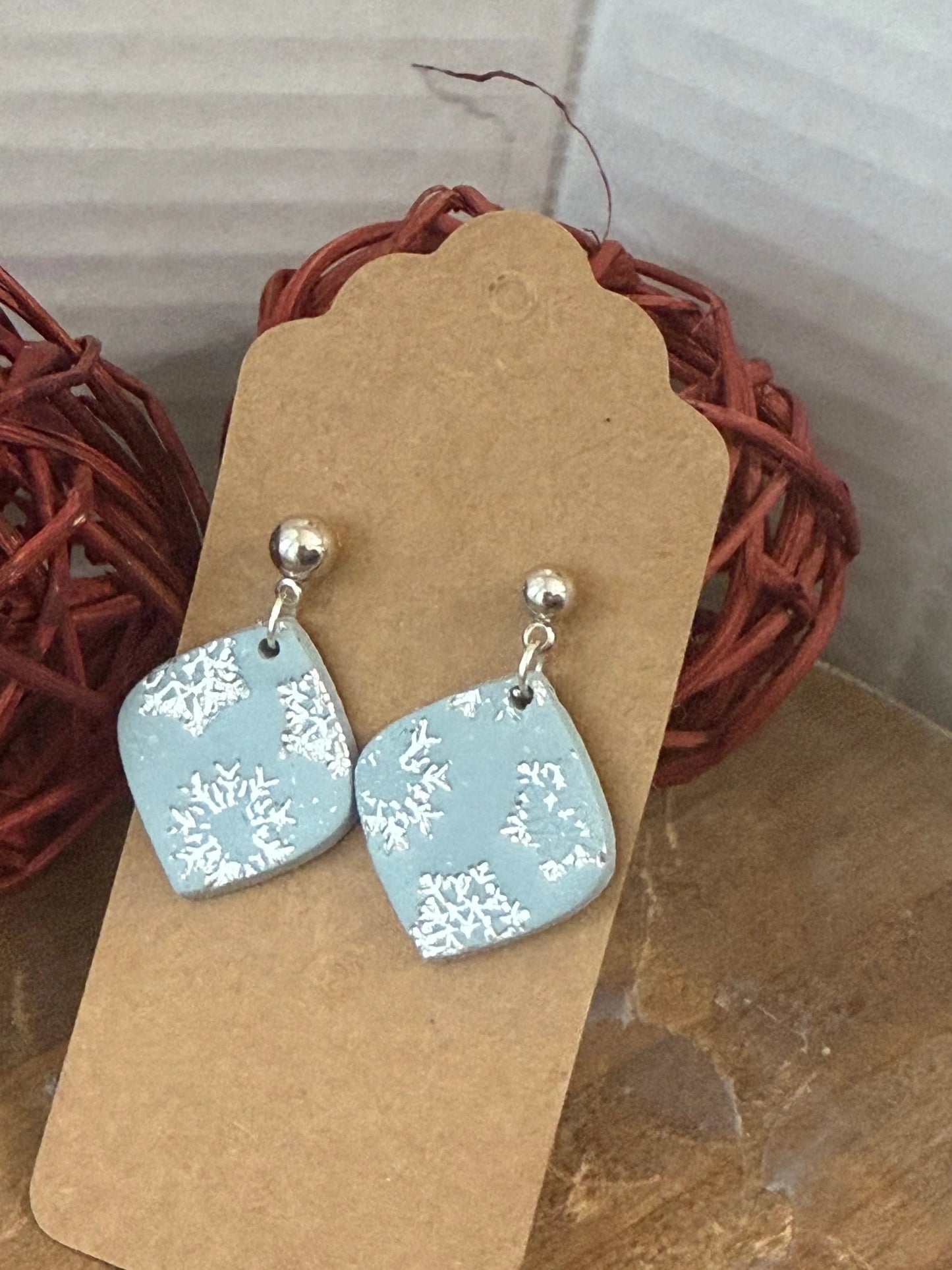 Snowflake Stamped Blue Silver Dangle Earring