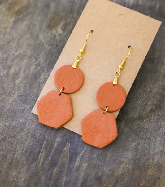 New Burnt Orange Circle Hexagon Dangle Earring