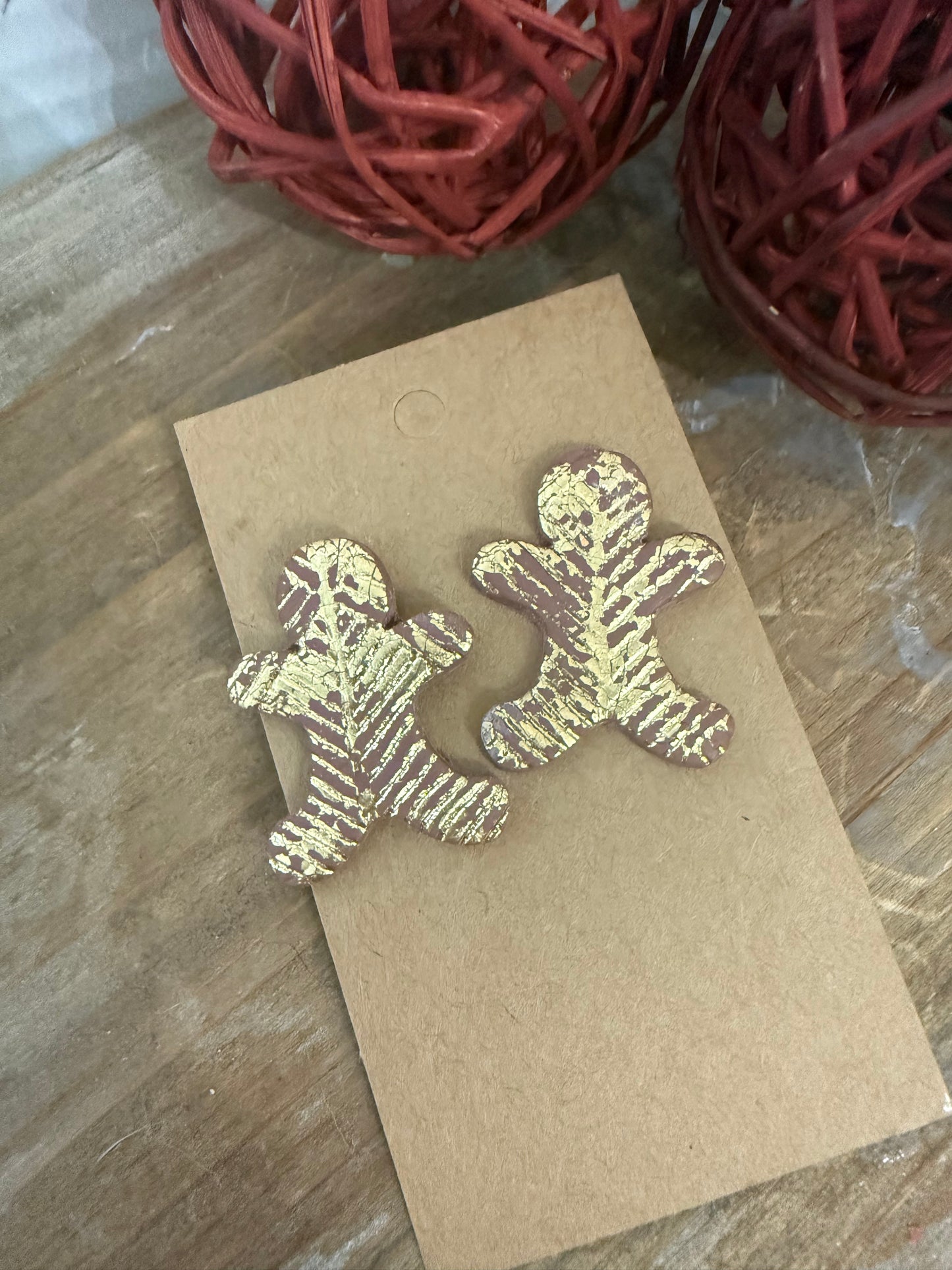 Gold Leaf Chevron Large Gingerbread Man Earring