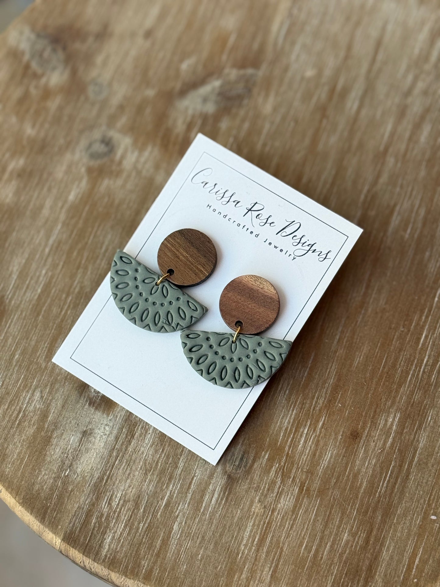 Walnut and Sage Green Boho Style Dangle Statement Earrings