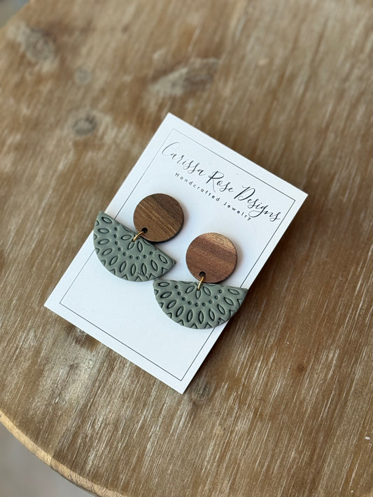 Walnut and Sage Green Boho Style Dangle Statement Earrings