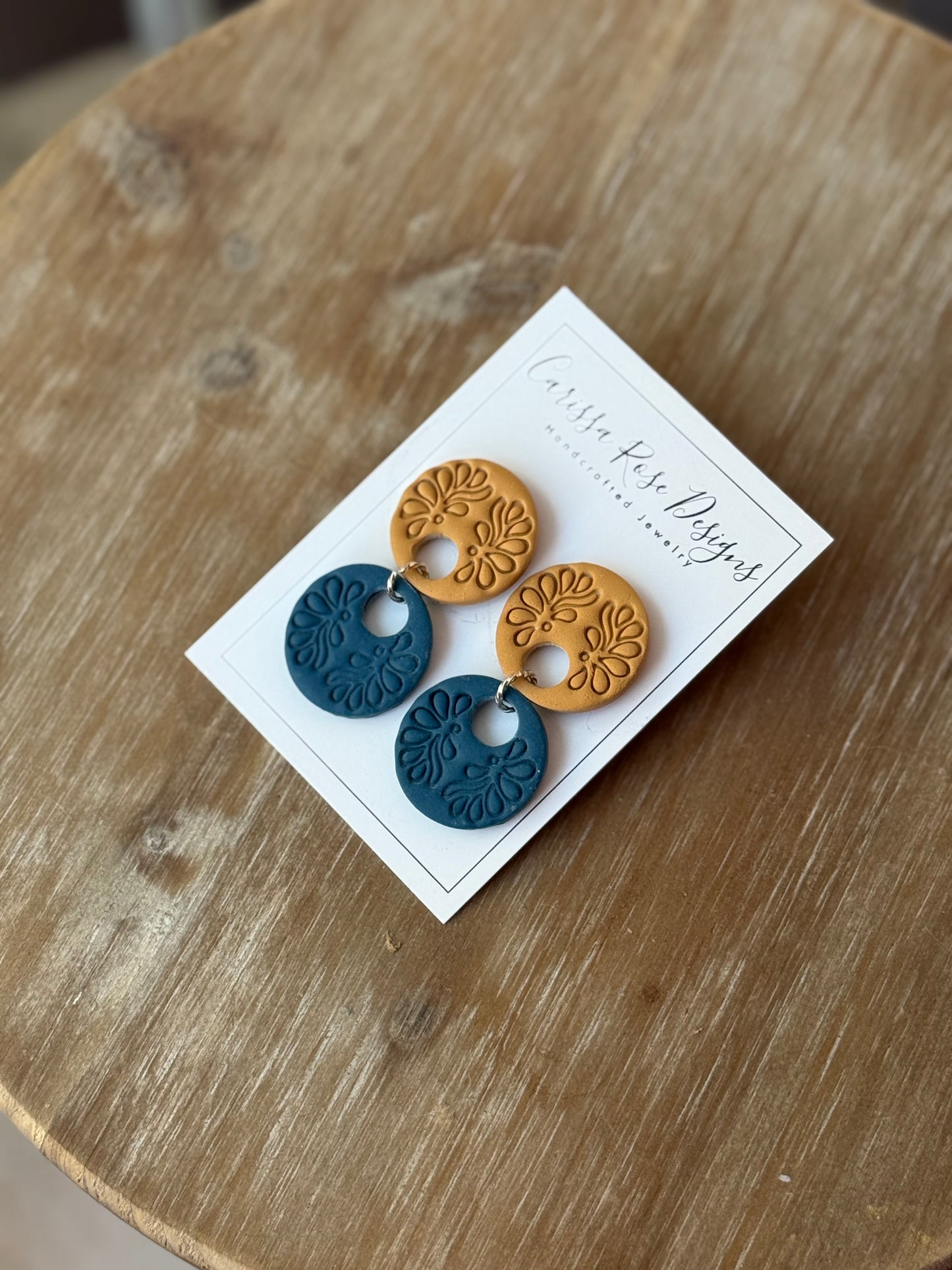 Mustard and Teal Modern Floral Circle Dangle Statement Earring