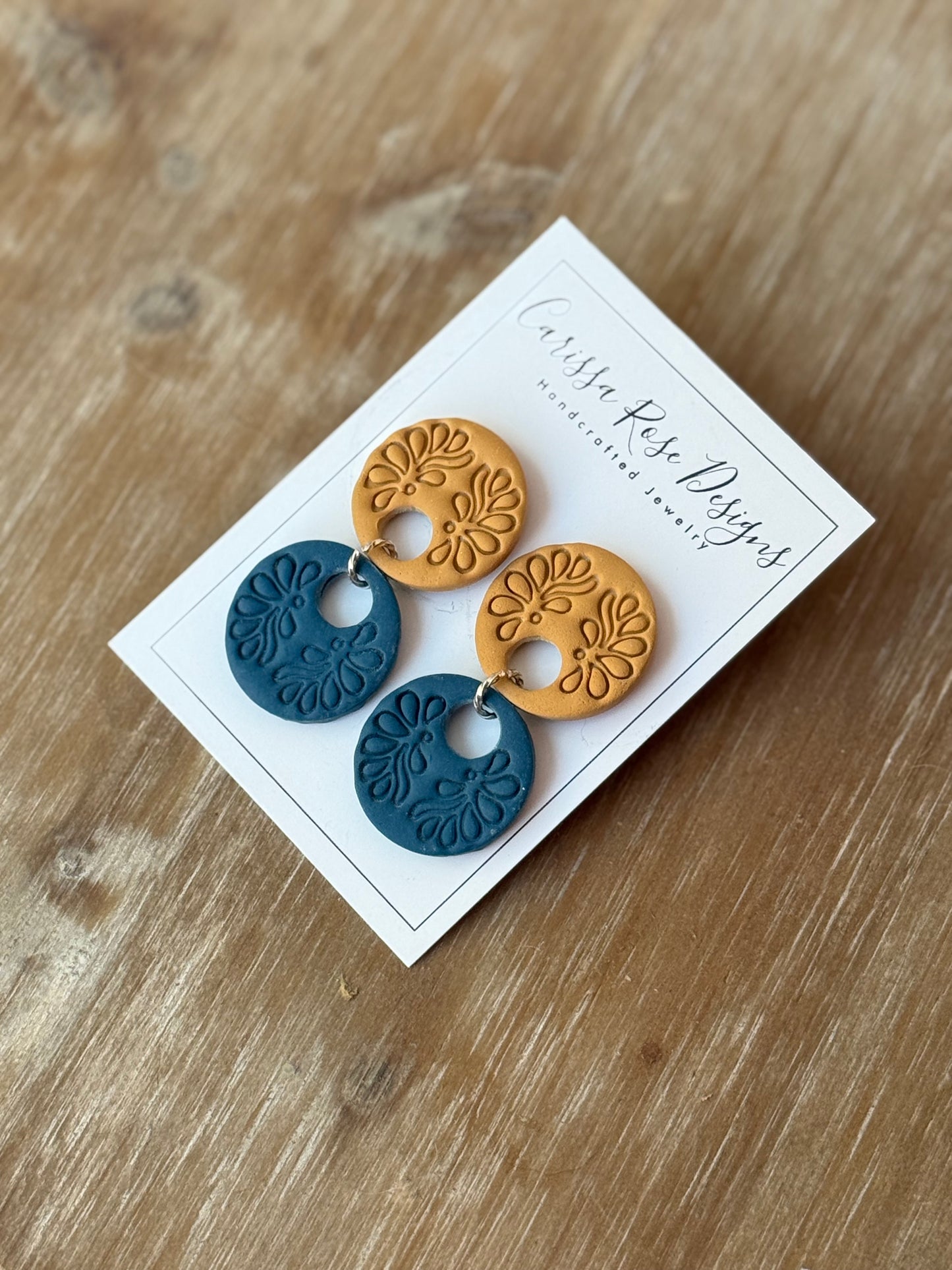 Mustard and Teal Modern Floral Circle Dangle Statement Earring
