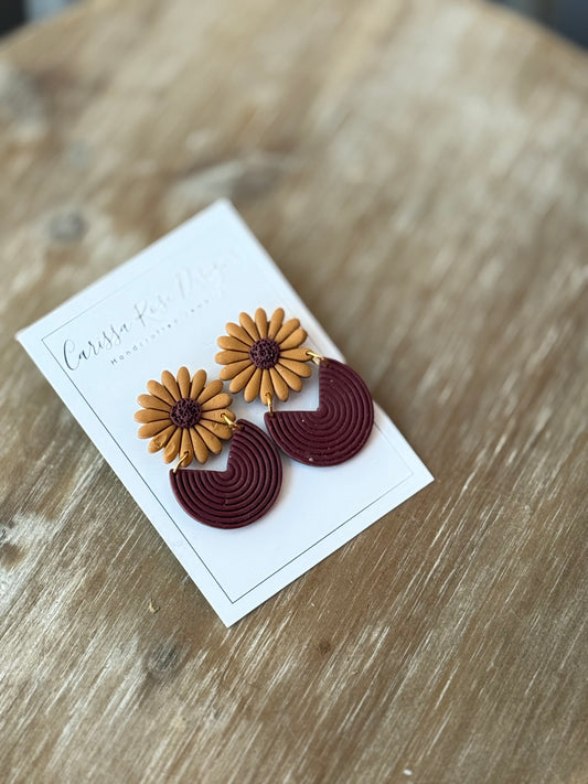 Fall Inspired Yellow and Dark Berry Brown Sunflower Statement Earring