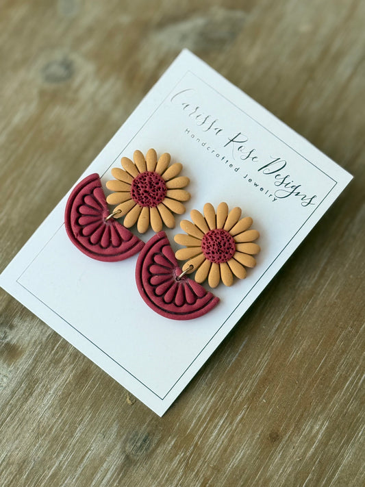 Fall Inspired Yellow and Berry Sunflower Statement Earring
