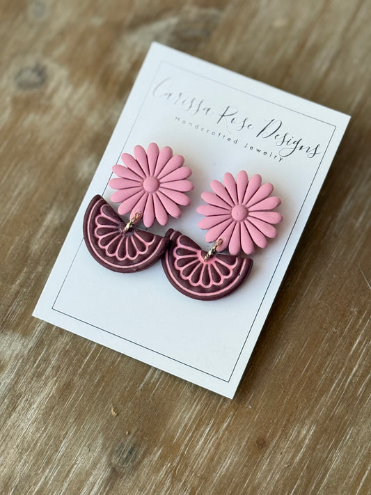 Fall Inspired Pink and Berry Sunflower Statement Earring