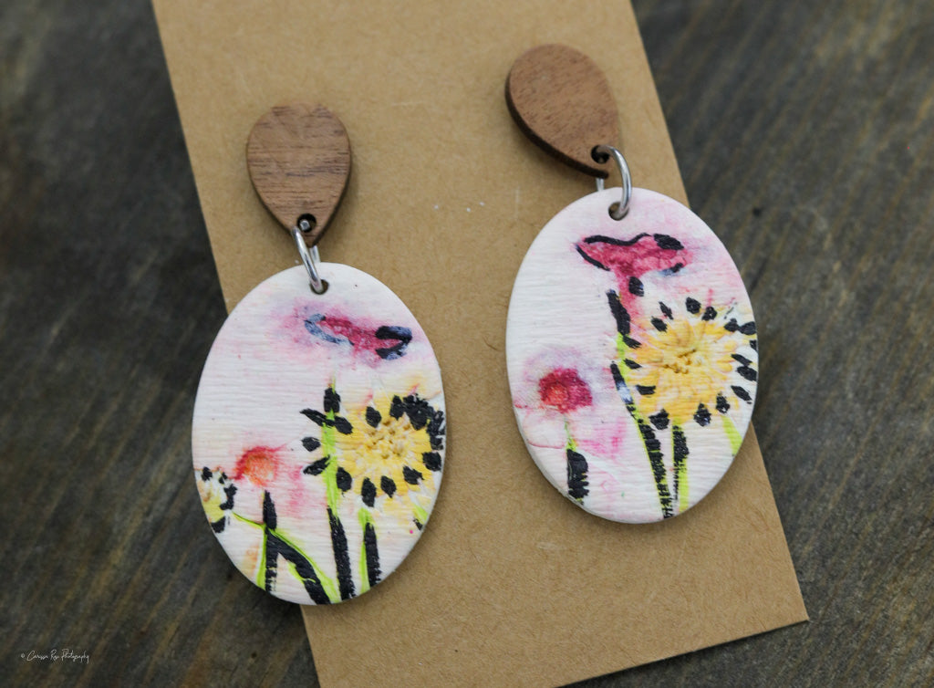 Hand Painted Oval and Wood Statement Earring