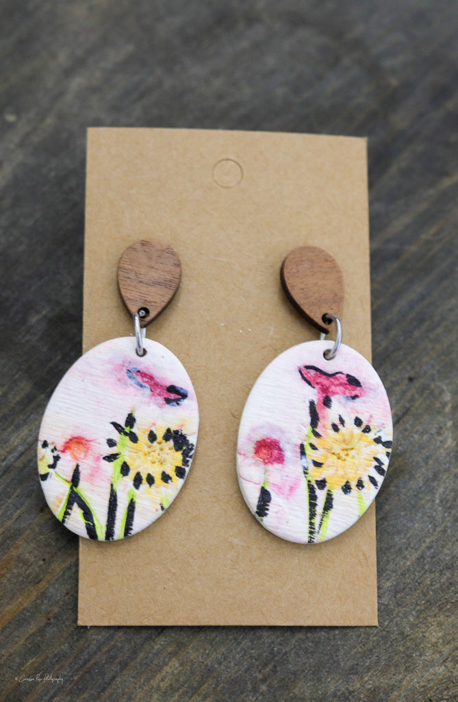 Hand Painted Oval and Wood Statement Earring