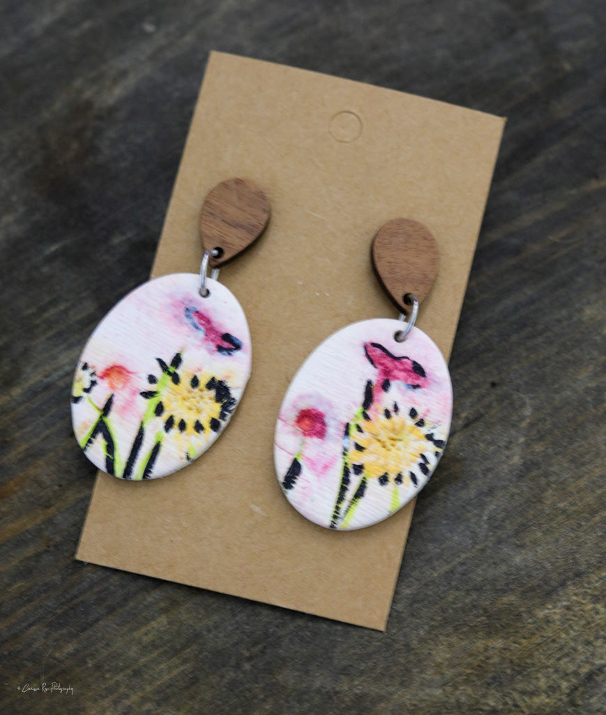 Hand Painted Oval and Wood Statement Earring